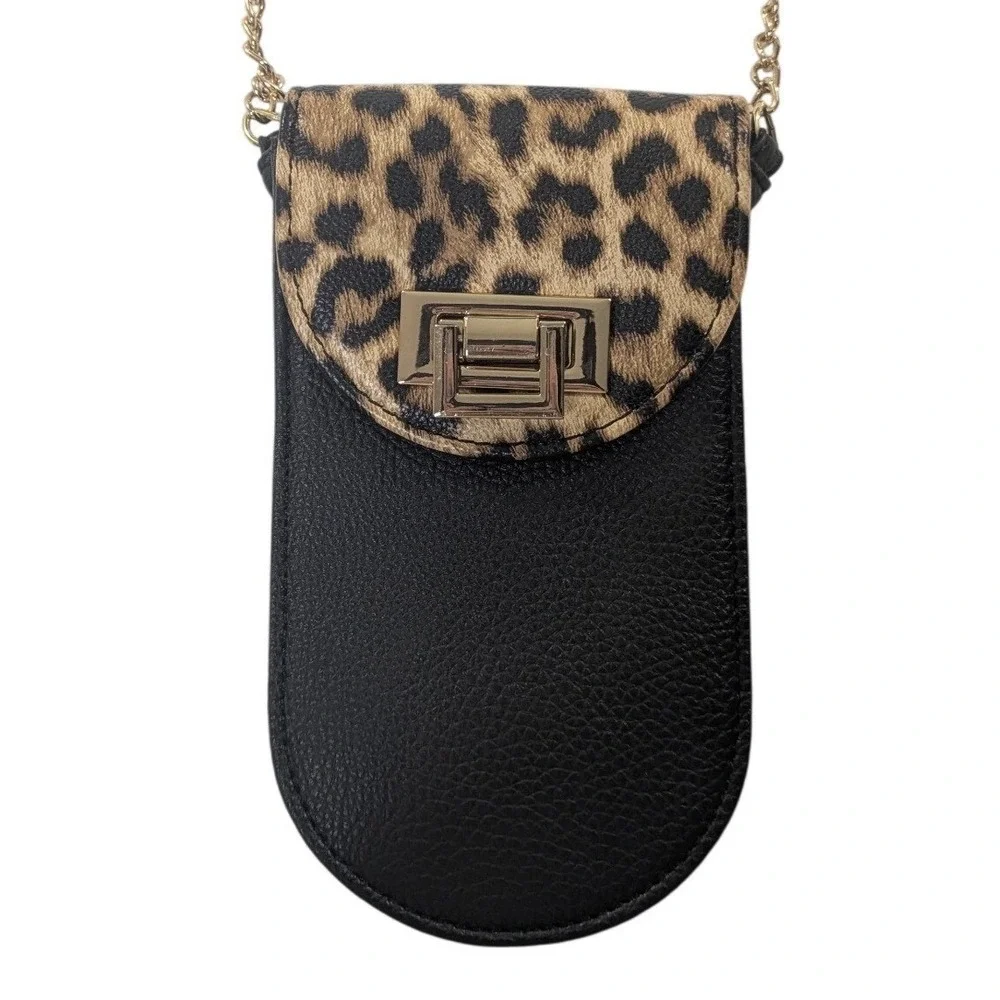 Chic Leopard Flap Mini Crossbody Phone Bag Black Faux Leather Gold Hardware